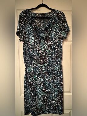 George Sz Large Blue Green Black White Abstract Print Midi Dress w/ belt